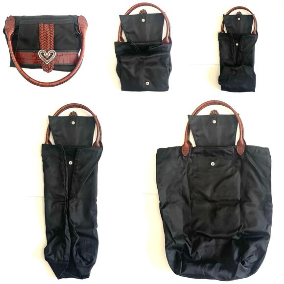 Brighton Silver Heart Brown Leather Handles Black Nylon Long Tote Bag - Picture 3 of 16